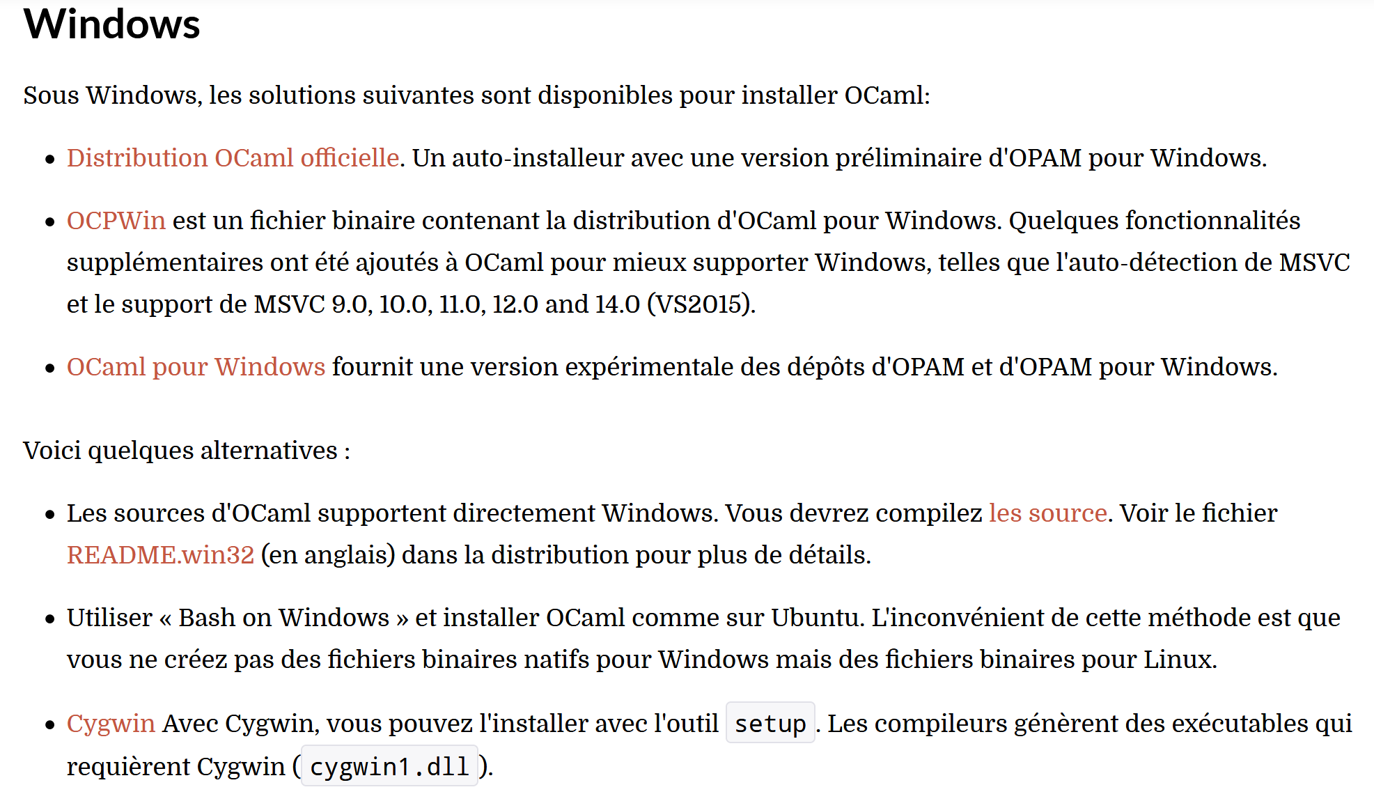 Screenshot of the OCaml installation options for Windows